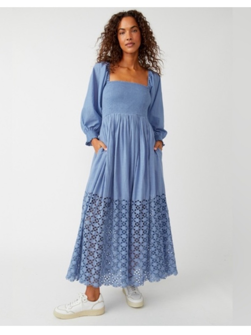 Free People Perfect Storm Midi Dress Blue Peasant Boho Bohemian Eyelet Pockets
